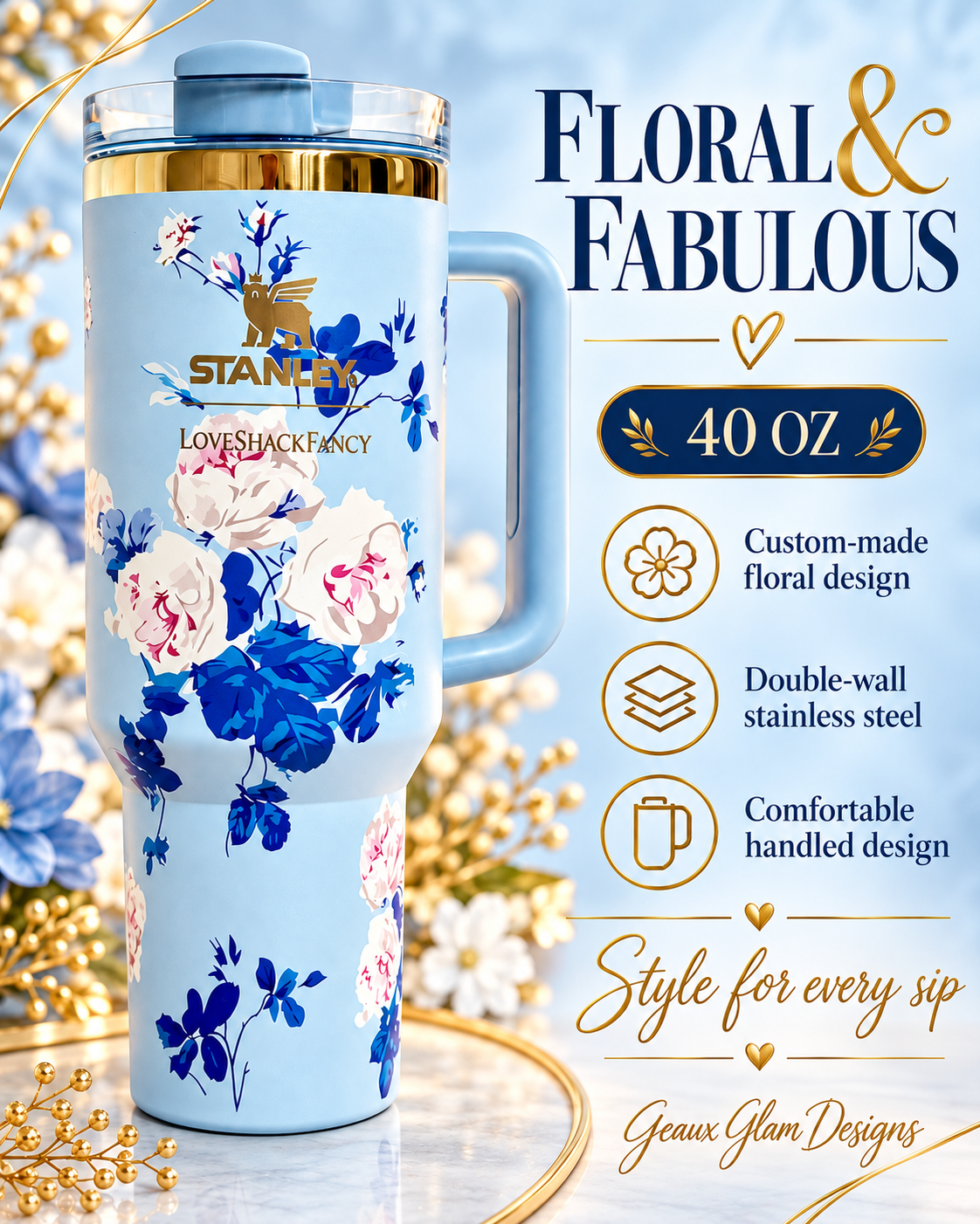 Floral 40 oz Stainless Steel Tumbler | Blue